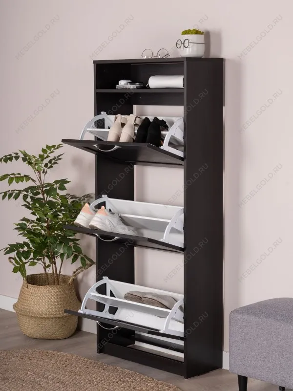 Обувница Сириус с 3 откидными ящиками, 60 х 25 х143 см, ЛДСП, дуб венге, черно-коричневая | изображение 2