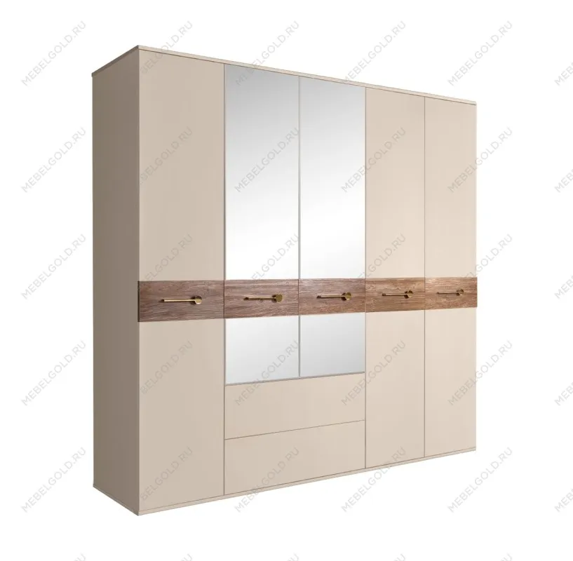Шкаф 5-ти дверный с зеркалами, с ящиками, Bogemia Wood Wo (Ваниль/Золото) БМШ1/51(Wo)