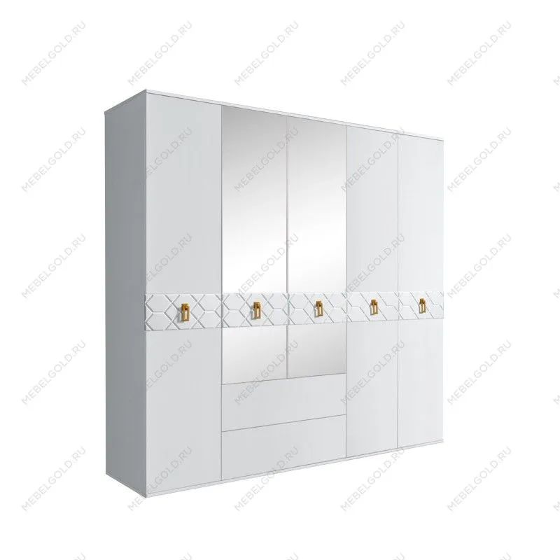 Шкаф 5-ти дверный с зеркалами, с ящиками, Bogemia Farfalle (Белый/Золото) БМШ1/51(Fa)