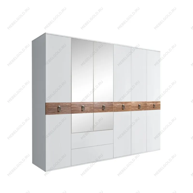 Шкаф 6-ти дверный с зеркалами, с ящиками, Bogemia Wood Fa (Белый/Хром) БМШ1/61(Wo)