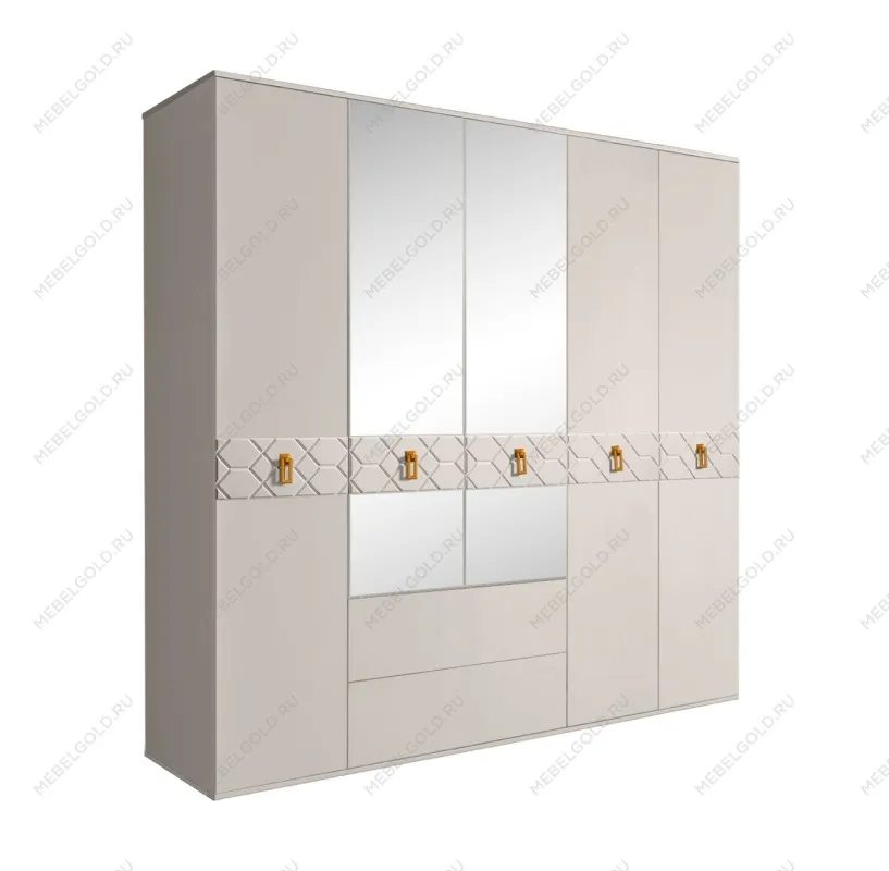 Шкаф 5-ти дверный с зеркалами, с ящиками, Bogemia Farfalle (Шелк/Золото) БМШ1/51(Fa)