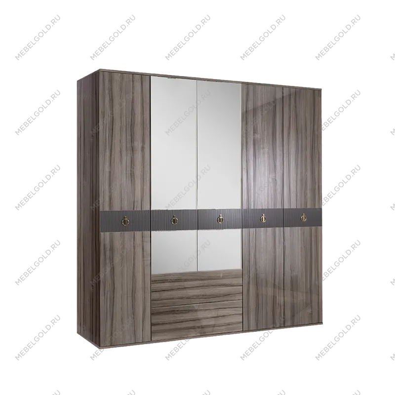Шкаф 5-ти дверный с зеркалом, с ящиками Римини СОЛО (Орех империя/Золото) РМШ1/51(s)