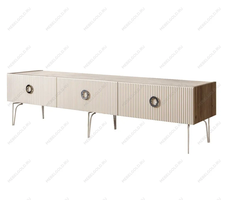 Тумба телевизионная 2.1м Bogemia Woodline Fi (Слоновая кость) (Novabuk/Хром) БМТ-2