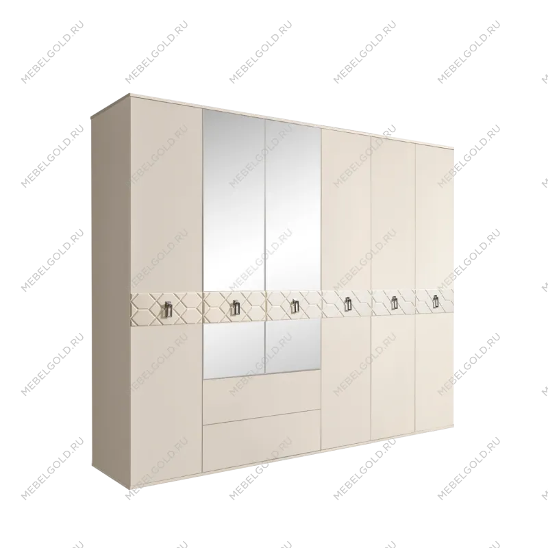 Шкаф 6-ти дверный с зеркалами, с ящиками, Bogemia Farfalle (Слоновая кость/Хром) БМШ1/61(Fa)