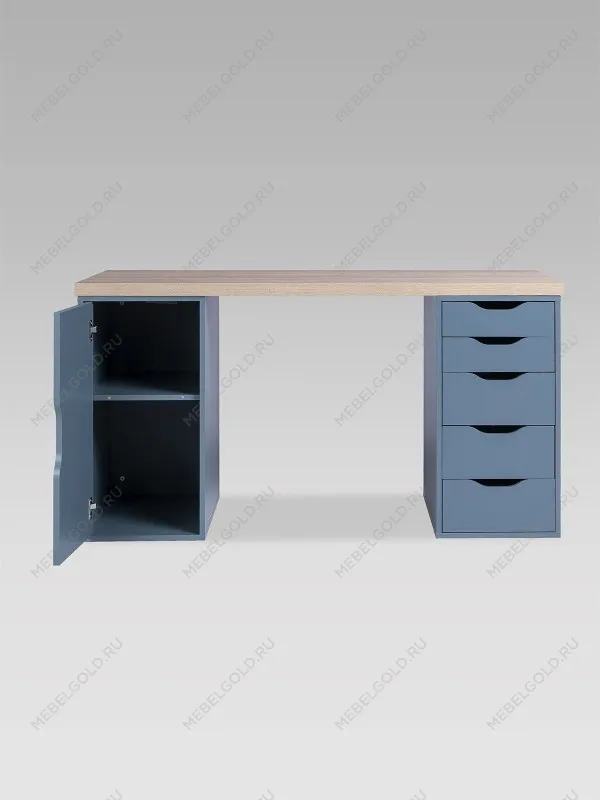 Стол письменный Ингар, с дверцей и 5 ящиками, 140x75x55, серо-бирюзовый/черный, столешница дуб беленый | изображение 9