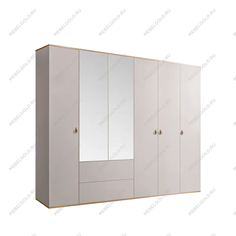 Шкаф 6-ти дверный с зеркалом, с ящиками Римини (Слоновая кость/Золото) РМШ1/61