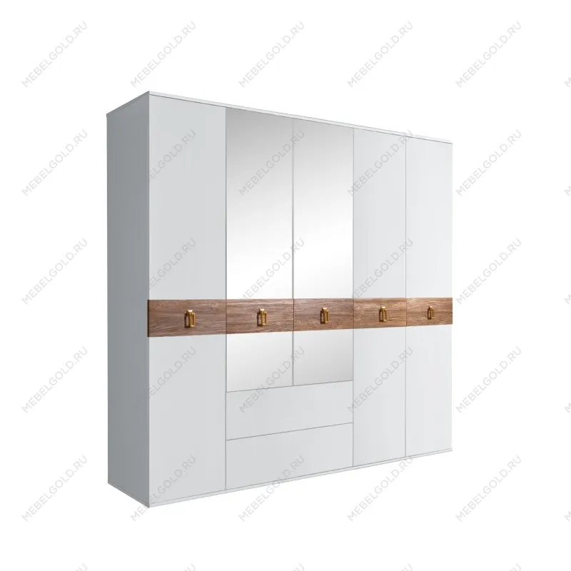 Шкаф 5-ти дверный с зеркалами, с ящиками, Bogemia Wood Fa (Белый/Золото) БМШ1/51(Wo)