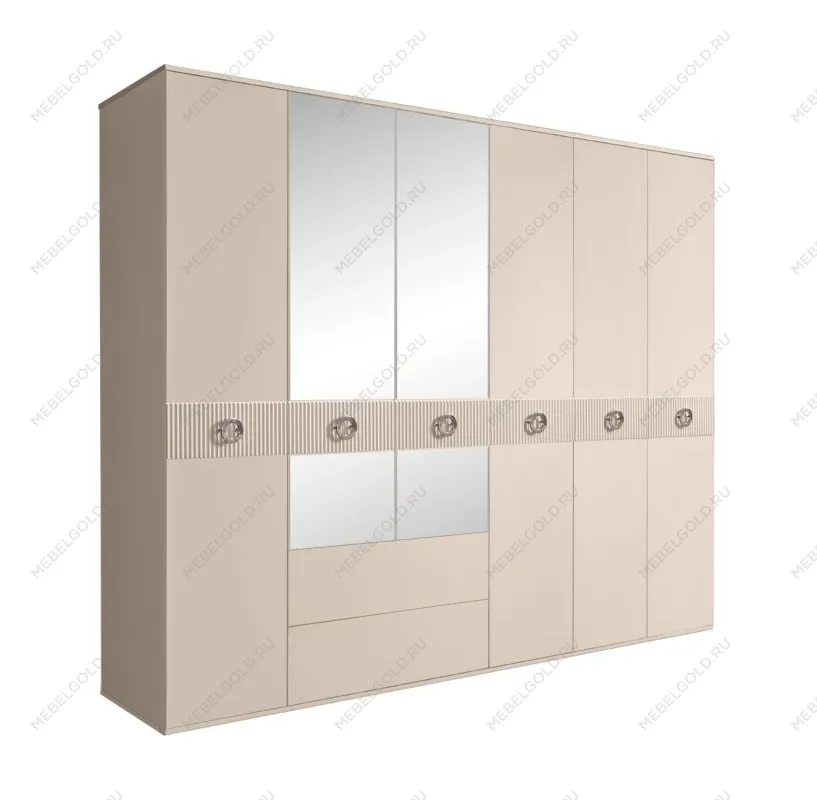 Шкаф 6-ти дверный с зеркалами, с ящиками, Bogemia Fillini (Ваниль/Хром) БМШ1/61(Fi)