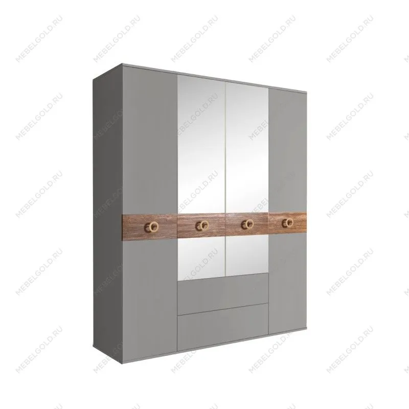 Шкаф 4-х дверный с зеркалами, с ящиками, Bogemia Wood Fi (Серый/Золото) БМШ1/41(Wo)