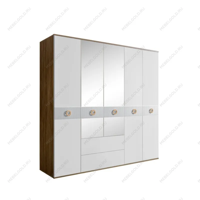Шкаф 5-ти дверный с зеркалами, с ящиками, Bogemia Woodline Fi (Белый/Золото) БМШ1/51(Fi)