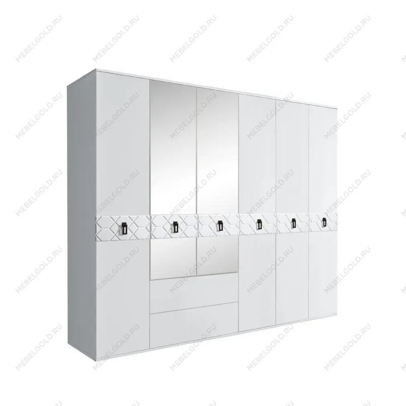 Шкаф 6-ти дверный с зеркалами, с ящиками, Bogemia Farfalle (Белый/Черный) БМШ1/61(Fa)