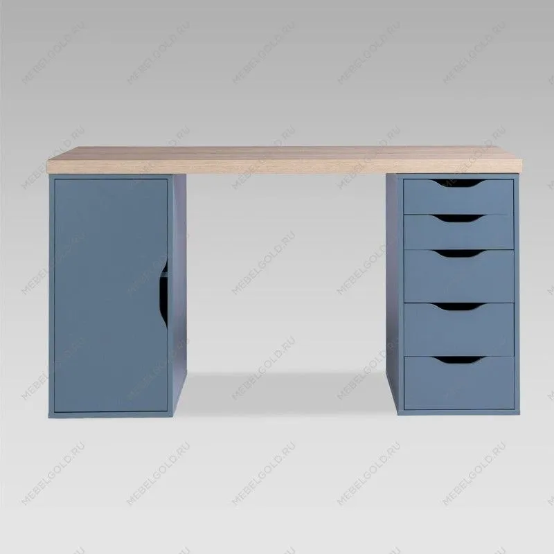 ИНГАР 2/5/ДВ стол письменный 140x75x55, дуб беленый/серо-бирюзовый | изображение 1