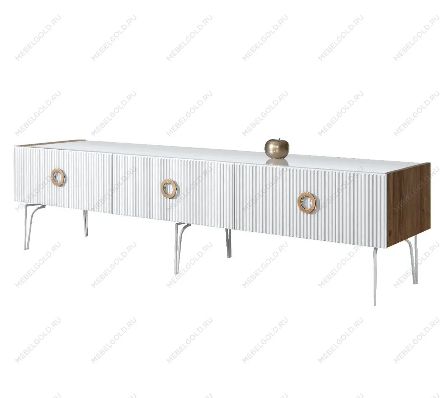 Тумба телевизионная 2.1м Bogemia Woodline Fi (Белый) (Lakobel/Золото) БМТ-2