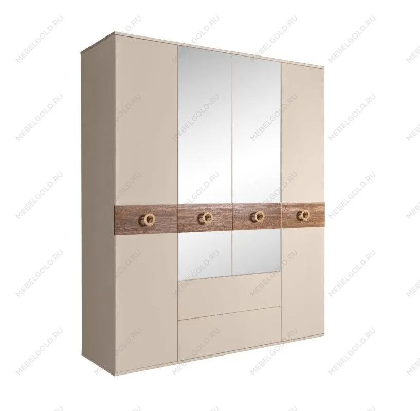Шкаф 4-х дверный с зеркалами, с ящиками, Bogemia Wood Fi (Ваниль/Золото) БМШ1/41(Wo)