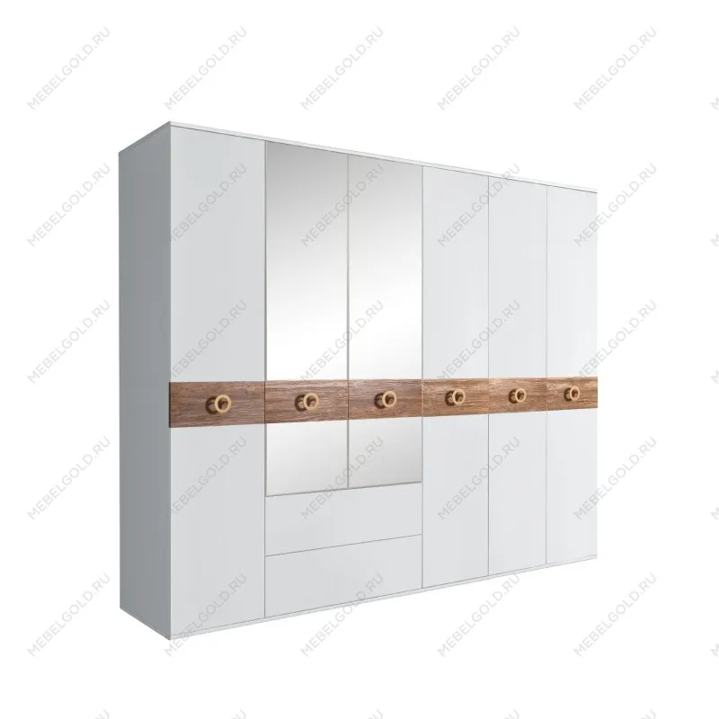 Шкаф 6-ти дверный с зеркалами, с ящиками, Bogemia Wood Fi (Белый/Золото) БМШ1/61(Wo)