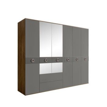 Шкаф 6-ти дверный с зеркалами, с ящиками, Bogemia Woodline Fi (Серый/Хром) БМШ1/61(Fi)