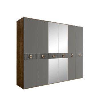Шкаф 6-ти дв. с зеркалами Bogemia Woodline Fi (Серый/Золото) БМШ1/6(Fi)