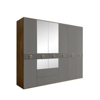 Шкаф 6-ти дверный с зеркалами, с ящиками, Bogemia Woodline Fi (Серый/Золото) БМШ1/61(Fi)