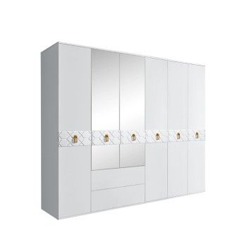 Шкаф 6-ти дверный с зеркалами, с ящиками, Bogemia Farfalle (Белый/Золото) БМШ1/61(Fa)