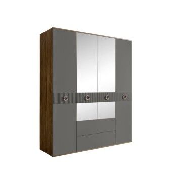 Шкаф 4-х дверный с зеркалами, с ящиками, Bogemia Woodline Fi (Серый/Хром) БМШ1/41(Fi)