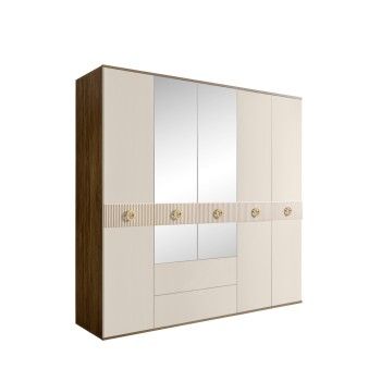 Шкаф 5-ти дверный с зеркалами, с ящиками, Bogemia Woodline Fi (Слоновая кость/Золото) БМШ1/51(Fi)