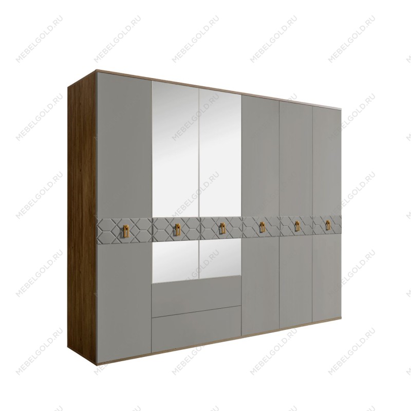 Шкаф 6-ти дверный с зеркалами, с ящиками, Bogemia Woodline Fa (Серый/Золото) БМШ1/61(Fa)