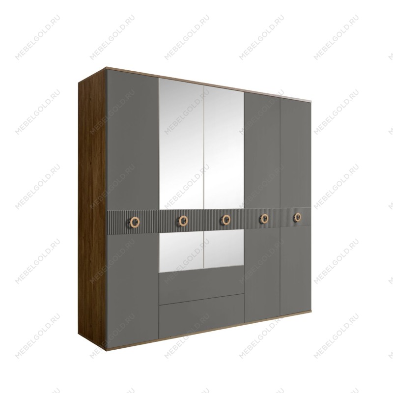 Шкаф 5-ти дверный с зеркалами, с ящиками, Bogemia Woodline Fi (Серый/Золото) БМШ1/51(Fi)
