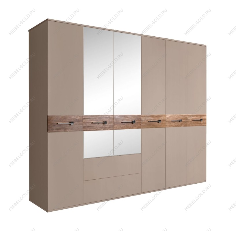 Шкаф 6-ти дверный с зеркалами, с ящиками, Bogemia Wood Wo (Мокка/Хром) БМШ1/61(Wo)