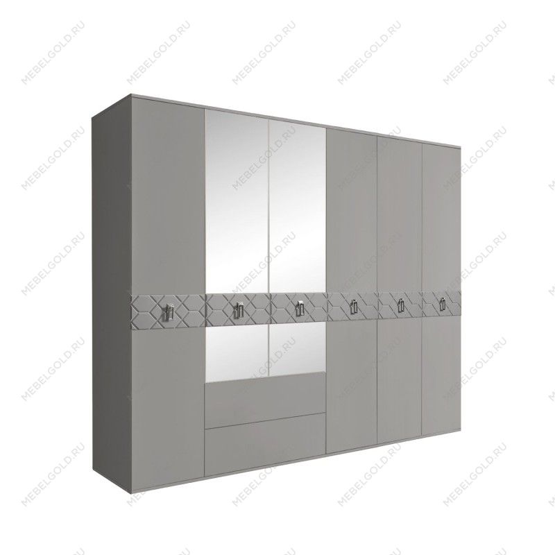 Шкаф 6-ти дверный с зеркалами, с ящиками, Bogemia Farfalle (Серый/Хром) БМШ1/61(Fa)