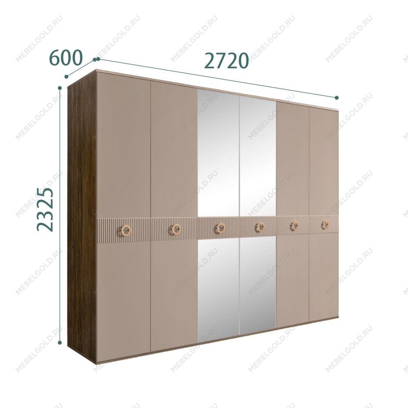Шкаф 6-ти дв. с зеркалами Bogemia Woodline Fi (Мокка/Золото) БМШ1/6(Fi)
