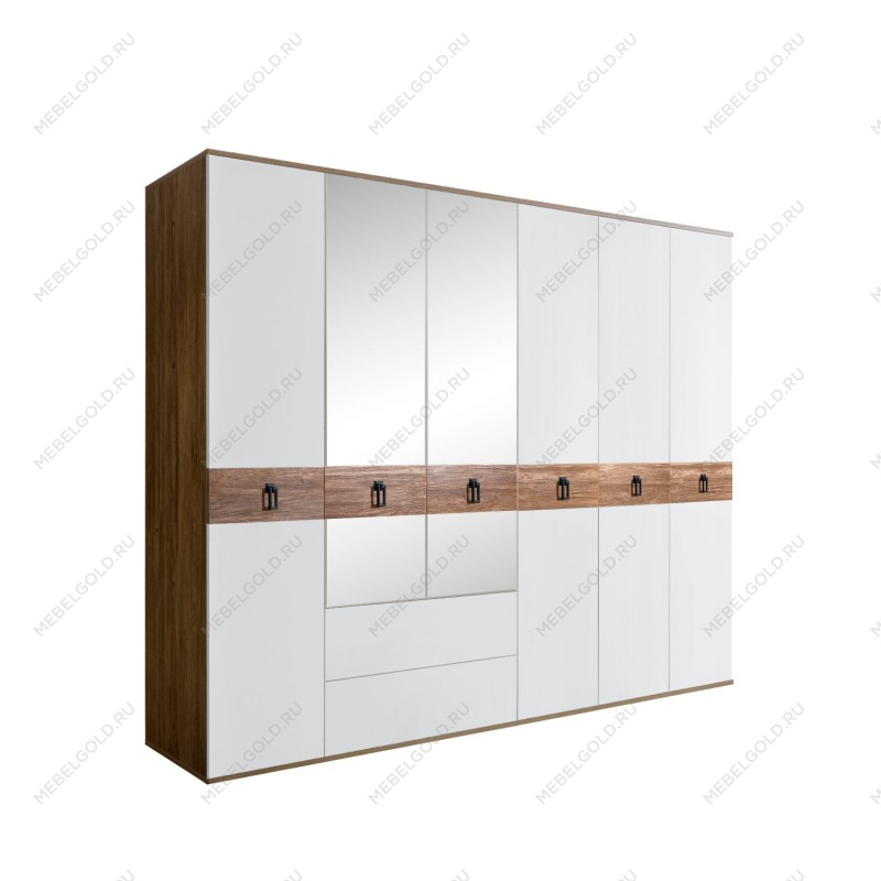 Шкаф 6-ти дверный с зеркалами, с ящиками, Bogemia Woodline Wood Fa (Белый/Черный) БМШ1/61(Wo)