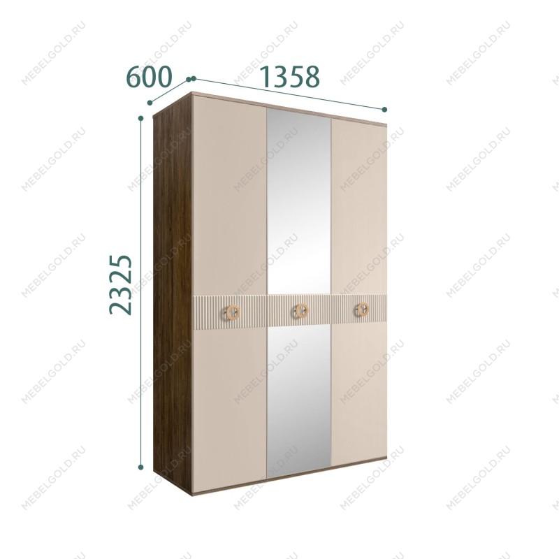 Шкаф 3-х дверный с зеркалом Bogemia Woodline Fi (Ваниль/Золото) БМШ1/3