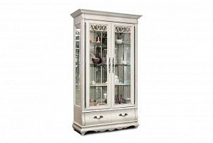 Шкаф с витриной 2-х дверный Оскар, белая эмаль с темной патиной, чернёное серебро
