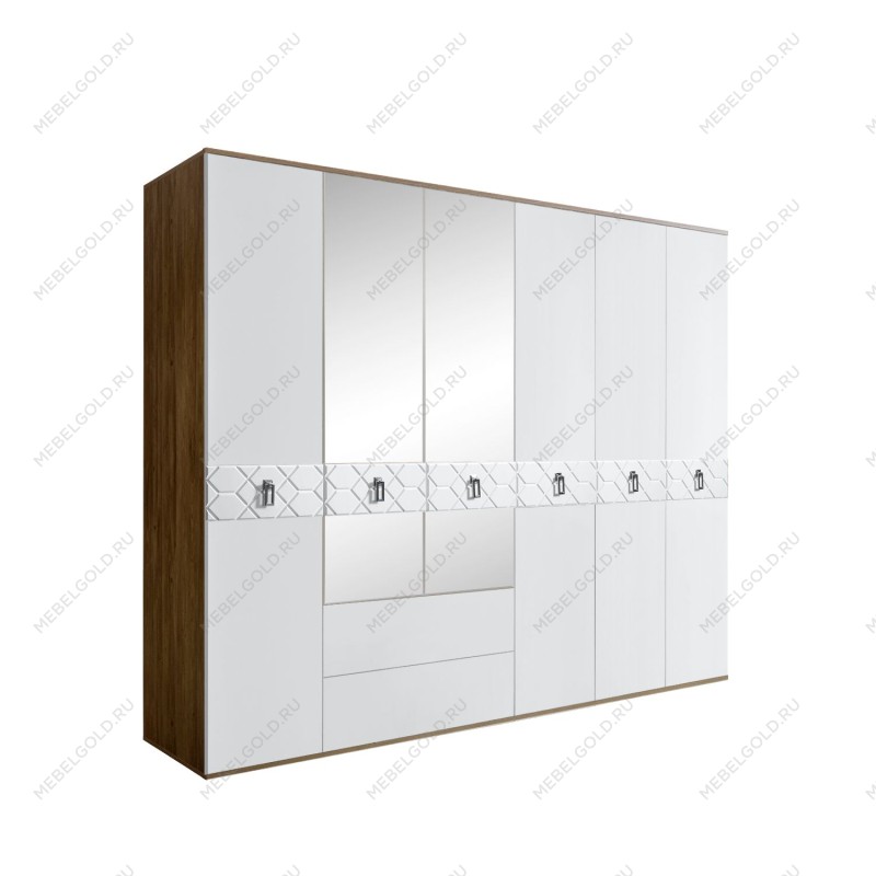 Шкаф 6-ти дверный с зеркалами, с ящиками, Bogemia Woodline Fa (Белый/Хром) БМШ1/61(Fa)