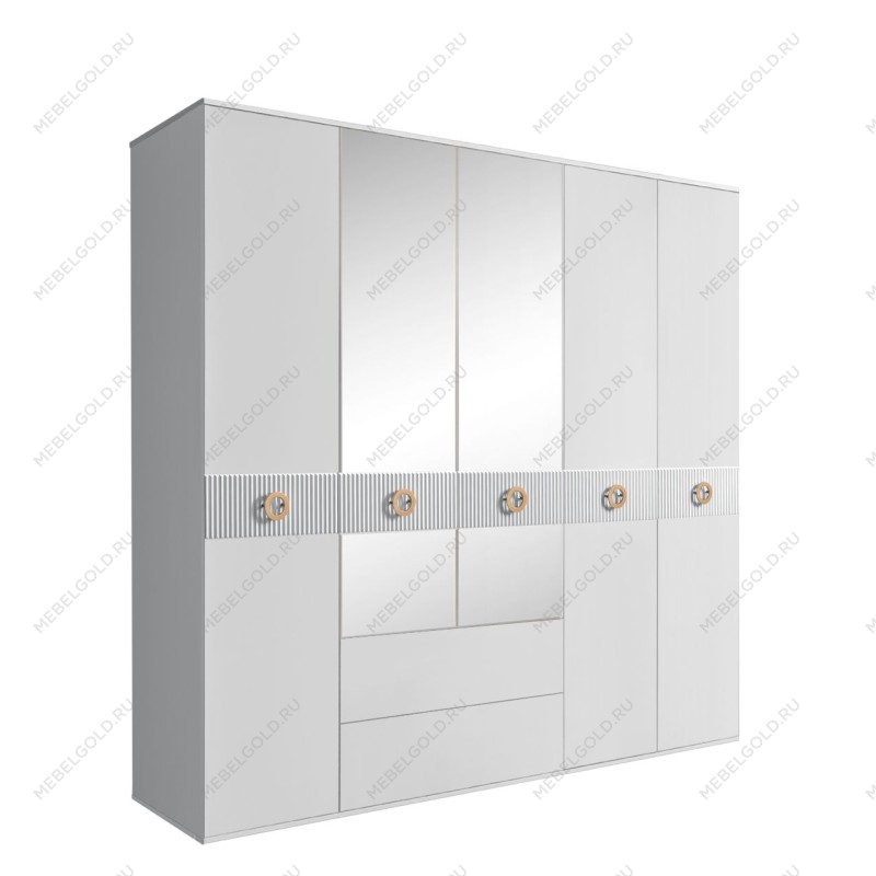 Шкаф 5-ти дверный с зеркалами, с ящиками, Bogemia Fillini (Белый/Золото) БМШ1/51(Fi)