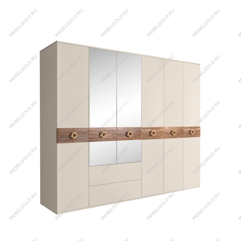 Шкаф 6-ти дверный с зеркалами, с ящиками, Bogemia Wood Fi (Слоновая кость/Золото) БМШ1/61(Wo)