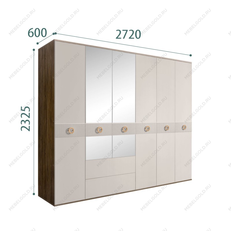 Шкаф 6-ти дверный с зеркалами, с ящиками, Bogemia Woodline Fi (Шелк/Золото) БМШ1/61(Fi)