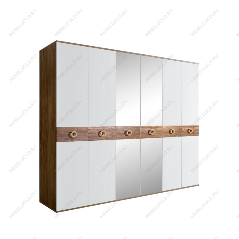 Шкаф 6-ти дв. с зеркалами Bogemia Woodline Wood Fi (Белый/Золото) БМШ1/6(Wo)