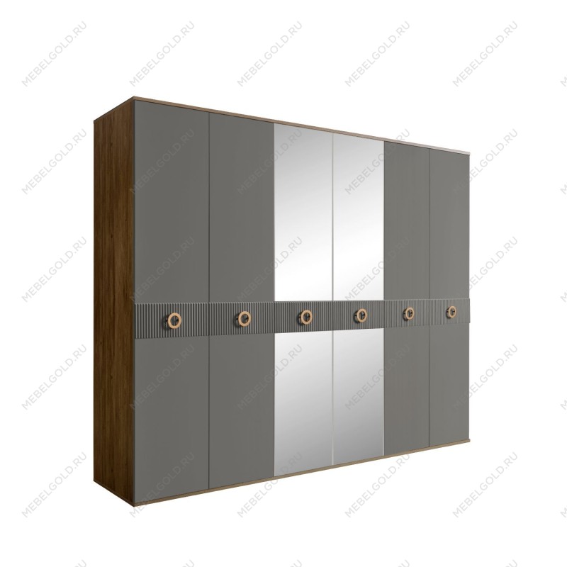 Шкаф 6-ти дв. с зеркалами Bogemia Woodline Fi (Серый/Золото) БМШ1/6(Fi)
