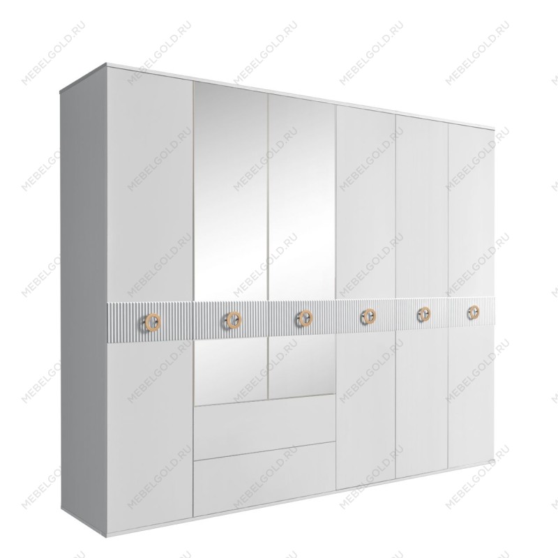 Шкаф 6-ти дверный с зеркалами, с ящиками, Bogemia Fillini (Белый/Золото) БМШ1/61(Fi)