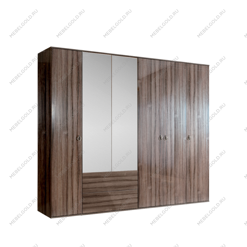 Шкаф 6-ти дверный с зеркалом, с ящиками Римини (Орех империя/Серебро) РМШ1/61