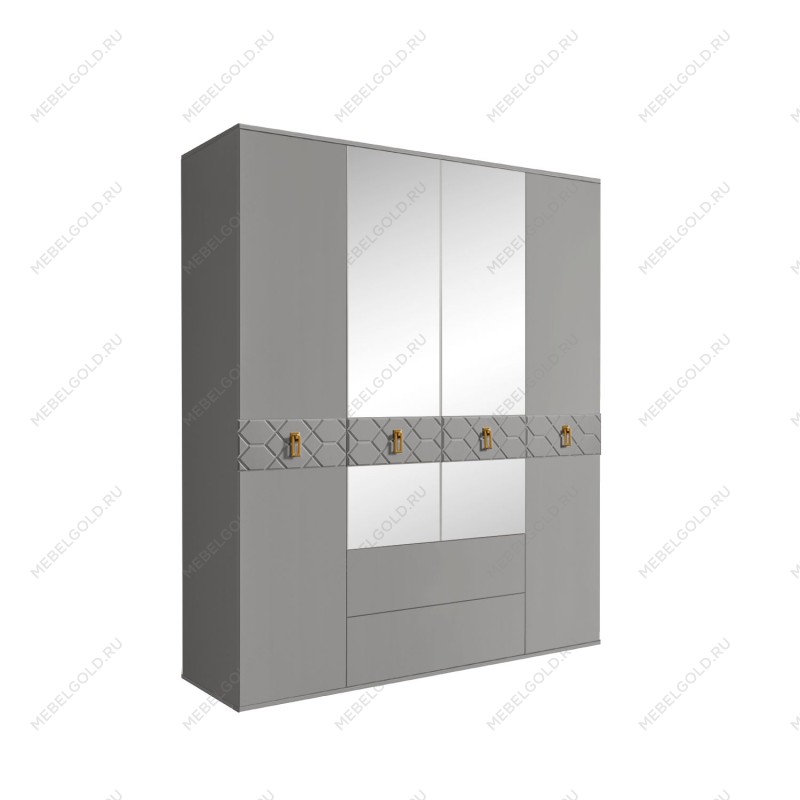 Шкаф 4-х дверный с зеркалами, с ящиками, Bogemia Farfalle (Серый/Золото) БМШ1/41(Fa)