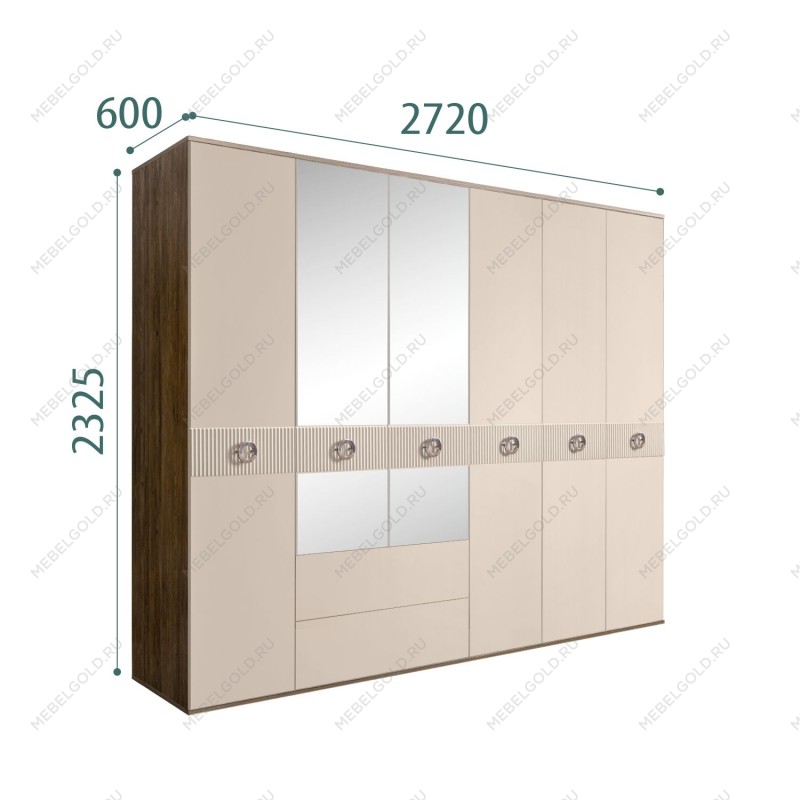 Шкаф 6-ти дверный с зеркалами, с ящиками, Bogemia Woodline Fi (Ваниль/Хром) БМШ1/61(Fi)