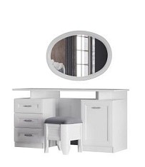 Туалетный стол с зеркалом и пуфом Анет (Белый, Велюр серый)