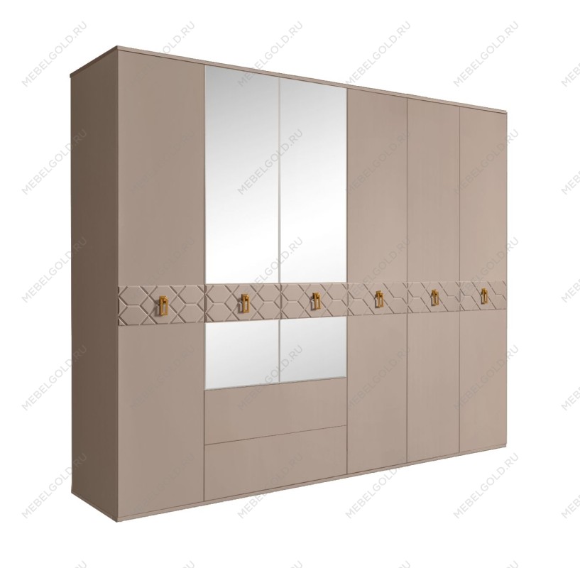 Шкаф 6-ти дверный с зеркалами, с ящиками, Bogemia Farfalle (Мокка/Золото) БМШ1/61(Fa)
