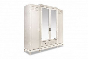 Шкаф для одежды 4-х дв. Соната с зеркалом (без декора), белая эмаль с темной патиной