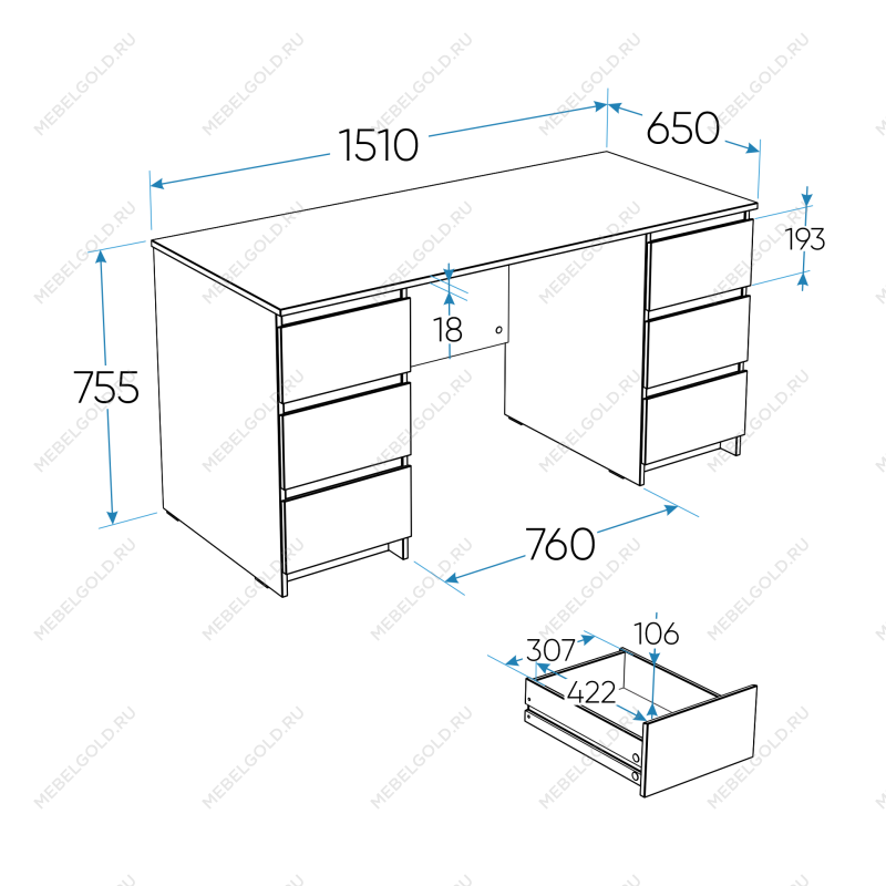 КАСТОР (KULLEN) стол письменный 6 ящиков 151х65 серый | изображение 2