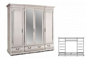 Шкаф для одежды Оскар 4-х дв. с зеркалом, белая эмаль с темной патиной, чернёное серебро