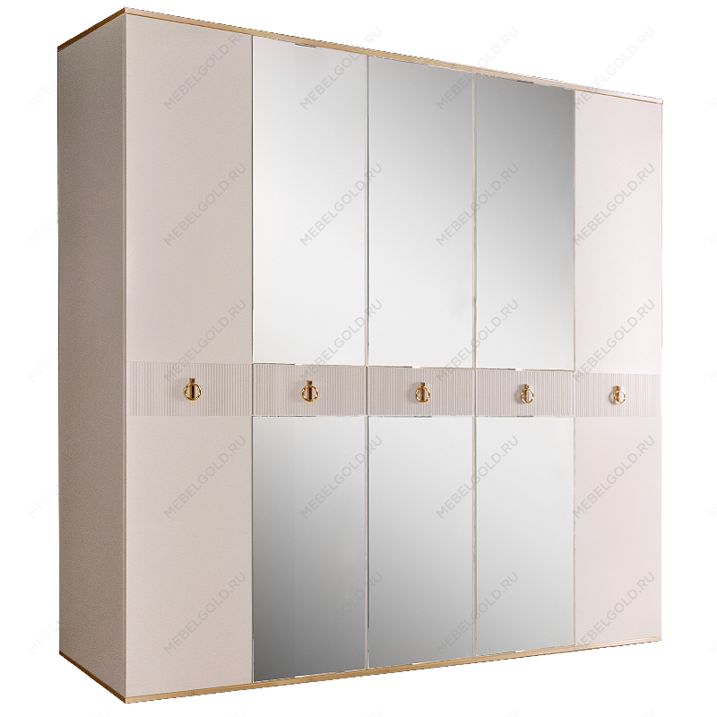 Шкаф 5-ти дверный с зеркалом Римини СОЛО (Слоновая кость/Золото) РМШ1/5(s)