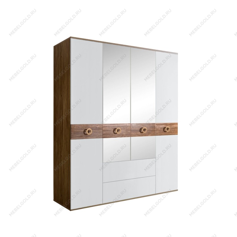 Шкаф 4-х дверный с зеркалами, с ящиками, Bogemia Woodline Wood Fi (Белый/Золото) БМШ1/41(Wo)